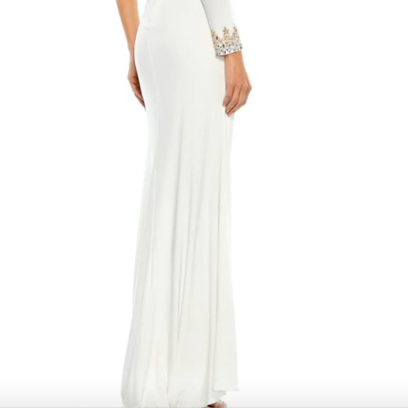 MAC DUGGAL 55696 ONE LONG SLEEVE BEADED CUFF SIDE TWIST WHITE JERSEY GOWN sz 4 - Picture 7 of 7
